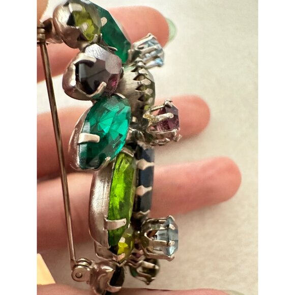 Vintage silver tone green blue aurora borealis rhinestones brooch clip earrings - Picture 7 of 10